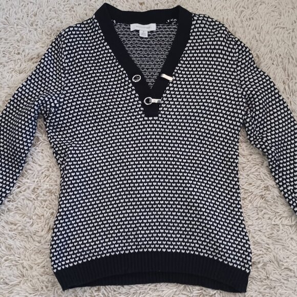 Madison Grey Women’s M Black White Knit Cotton Sweater Toggle V-Neck Long Sleeve - Picture 1 of 7